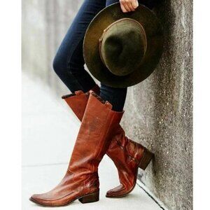 Free People Red Brown Braided Leather Distressed Knee High Boots 37 7 Rare